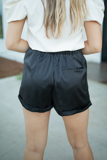 ON THE EDGE - BLACK SATIN SHORTS